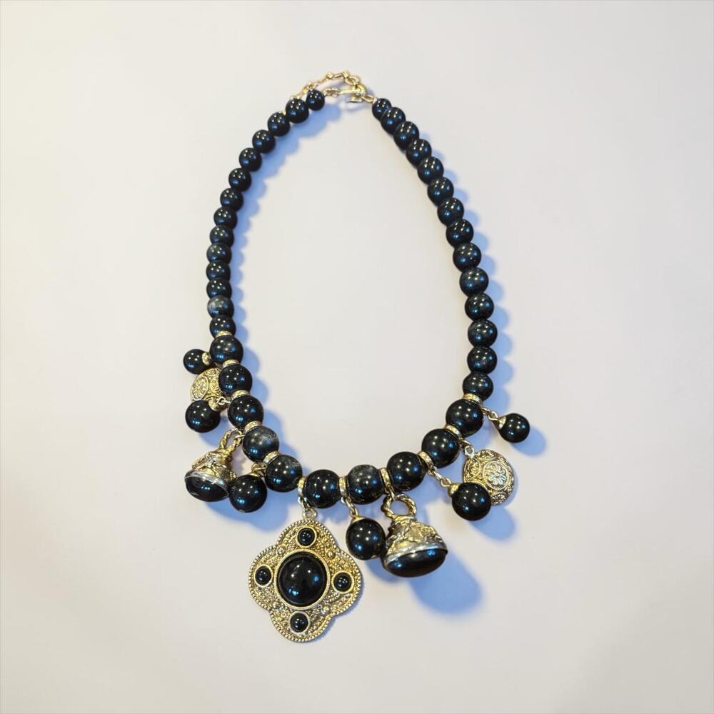 Black Charm Bead Necklace 1928 Jewelry Co Y2K Gothic Gold Medallion 16”